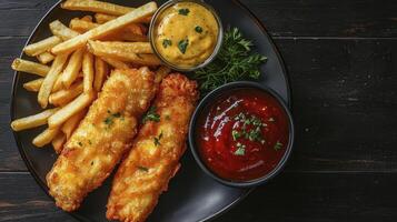 Indulge in the quintessential British delight with this captivating image showcasing golden, crispy fish and chips, a culinary classic that transcends generations Savor the flaky white fish encased photo