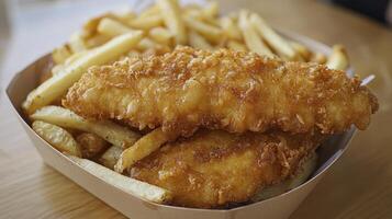 Indulge in the quintessential comfort food combination of crispy, golden-fried fish and perfectly salted French fries, a classic culinary delight that satisfies cravings with its delightful textures photo