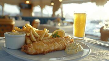 Indulge in the quintessential seaside delight with this vibrant image showcasing perfectly golden fish and chips, accompanied by tangy tartar sauce and a refreshing glass of orange juice, all set photo