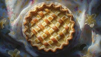 Indulge in the warmth of this golden-crusted delight, a symphony of flavors that dance upon your palate with every single bite, a culinary masterpiece baked with love, from a simple country kitchen photo