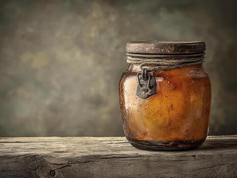 Rustic Glass Jar Still Life Photography A captivating image showcasing a vintage glass jar filled with an amber liquid, placed on a weathered wooden surface against a textured, muted backdrop This photo
