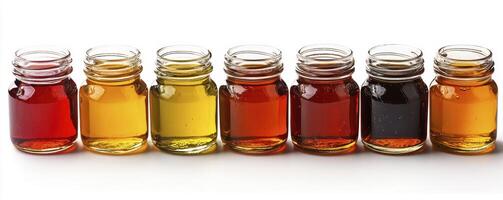 Variety of Maple Syrup Grades Displayed in Glass Jars A Culinary Collection Explore the different shades and viscosities, from golden delicate to dark robust, showcasing the nuances of this natural photo