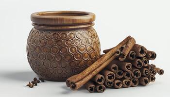 Warm Spice Still Life A captivating close-up photograph showcasing the rich textures of cinnamon sticks arranged beside an intricately patterned wooden pot, enhanced by scattered cloves This image photo