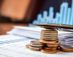 Analyzing Financial Data with Pen and Stack of Coins on Documents photo