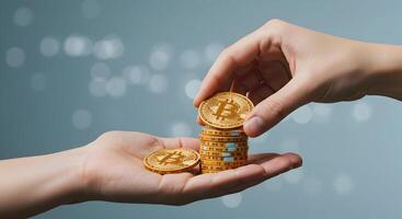 Hands Stacking Golden Bitcoin Coins Cryptocurrency Digital Finance Concept photo