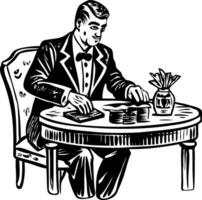 Gambler man sitting at a table, vintage character illustration vector