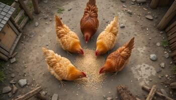 Chickens Eating Grain Feed Together on Farm Ground From Above photo