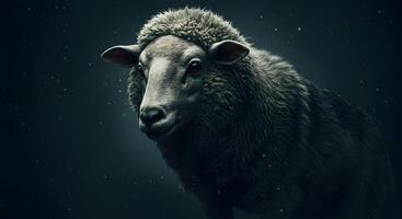 Portrait of a Sheep with Striking Eyes Against a Dark Background photo