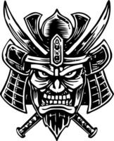 Samurai crest with angry face and cross swords, vintage illustration vector