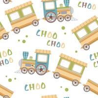 Seamless pattern with a steam locomotive in flat style. Childish background with toy train for fabric, wallpaper, scrapbooking, etc. vector
