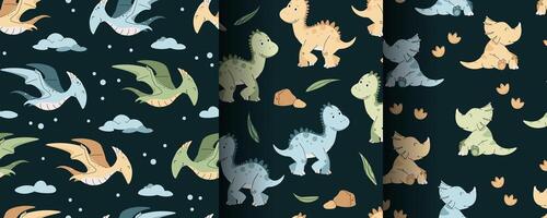 Set of Seamless Patterns with cute dinosaurs in flat style. Repeating background with baby dinosaur and footprints. Kiddie background for fabric, wallpaper, wrapping paper, scrapbooking, etc. vector