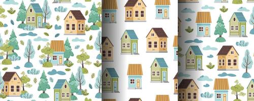 Collection of Seamless patterns with cute houses and forest trees in flat style. Children's background with country houses, Christmas tree and clouds. Cartoon texture for fabric, wallpaper, clothes. vector