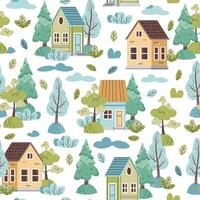 Seamless pattern with cute colorful houses and forest trees in flat style. Children's Background with country houses, spruce and clouds. Cartoon texture for fabric, wallpaper, clothes. vector