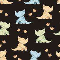 Seamless pattern with cute dinosaurs in flat style. Repeating background with baby dinosaur and footprints. Kiddie background for fabric, wallpaper, wrapping paper, scrapbooking, etc. vector