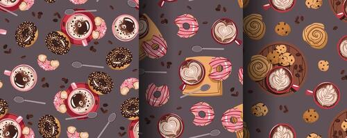 Set of Seamless patterns with a cup of coffee and a donut. Repeating texture with a coffee drink and dessert. Coffee time. Suitable for textiles, wallpaper, paper, etc. vector