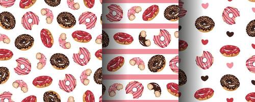 Set of Seamless patterns with glazed donuts. Repeating texture with delicious dessert for fabric, wallpaper, paper, etc. vector