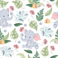 Seamless pattern with cute elephants in flat style. Repeating background with African animals and tropical plants. Childish illustration for fabric, wallpaper, wrapping paper, scrapbooking etc. vector