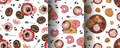 Set of Seamless patterns with a cup of coffee and a donut. Repeating texture with a coffee drink and dessert. Coffee time. Suitable for textiles, wallpaper, paper, etc. vector