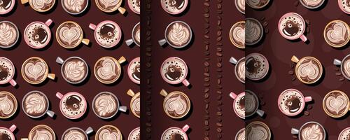 Set of Seamless patterns with a cup of coffee and coffee beans. Repeating texture with hot coffee beverage for fabric, wallpaper, paper, etc. vector