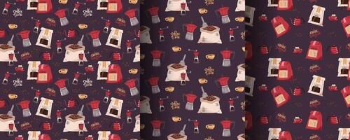 Set of Seamless patterns with coffee bag, moka pot, teapot, coffee grinder. Repeating texture with coffee accessories and tools. Barista tools. Coffee time. Suitable for textile, wallpaper, paper, etc vector