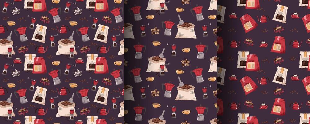 Set of Seamless patterns with coffee bag, moka pot, teapot, coffee grinder. Repeating texture with coffee accessories and tools. Barista tools. Coffee time. Suitable for textile, wallpaper, paper, etc