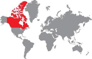 Canada map highlighted in red on grey world map illustration for political and travel use vector