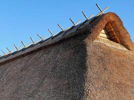 Traditional thatched rooftop under blue sky showcasing rustic architecture details photo