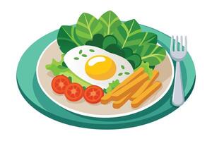 A Colorful illustration of a healthy breakfast plate with egg, fries, and salad. vector