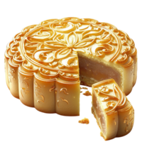 Golden mooncake with a detailed floral pattern and a slice cut out png