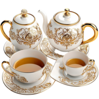 white and gold tea set with teapots and teacups png