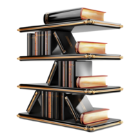 black and gold geometric bookshelf with stacked books png