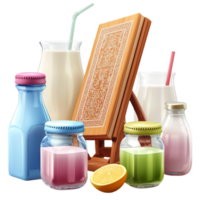 Assorted colorful bottles and containers with a wooden book stand png