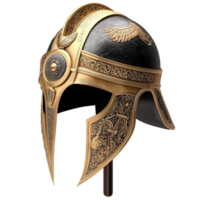 Ancient warrior helmet with intricate golden engravings and details png