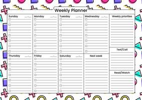 A stylish weekly planner with task checklists, priorities, and sections for notes, calls, and upcoming plans. vector