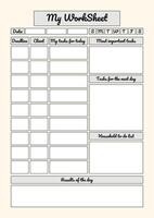 Organized daily worksheet template with task sections for deadlines, priorities, household to-dos, and results tracking. vector