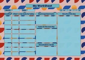 Vibrant worksheet for task management, including deadlines, client tracking, daily results, and household to-do lists. vector