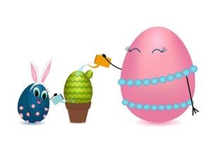 Adorable Easter egg characters with bunny ears and pearls watering a green patterned egg-shaped cactus in a pot. vector