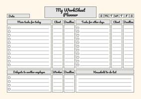 Structured worksheet planner with task lists, deadlines, and delegation sections for work and household organization. vector