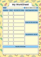 A bright and structured daily worksheet template with sections for tasks, deadlines, priorities, and household to-do lists. vector