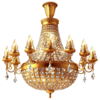 Magnificent golden chandelier with multiple candle shaped lights png