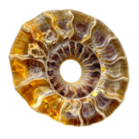 Stunning polished ammonite fossil with intricate golden brown spiral patterns png
