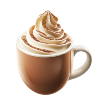 Creamy hot chocolate in a white mug topped with whipped cream and cocoa powder png