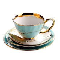 Luxurious tea cup and saucer set with gold detailing png