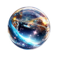 Mesmerizing glass sphere with a swirling cosmic galaxy reflection png