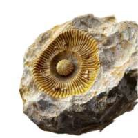 Fossilized ammonite embedded in a rugged textured rock png