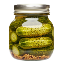 Glass jar packed with green pickles submerged in brine png