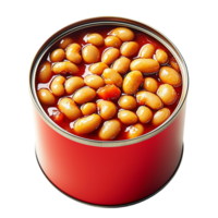 Open red tin can filled with golden brown beans in a thick sauce png