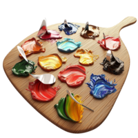 Artistic wooden palette with vibrant colors and tiny figurines png