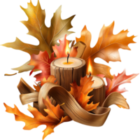 Rustic autumnthemed candle centerpiece with vibrant fall leaves png