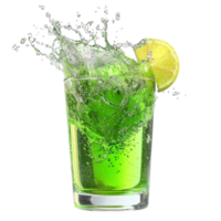 Reing green cocktail with ice lemon slice and a splash effect png